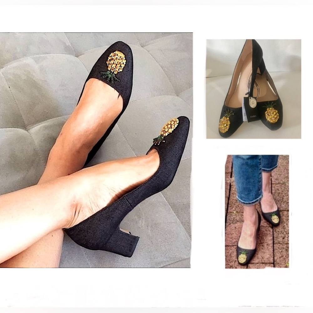 New Zara Mid-Heeled Black Denim Embellished Pineapple Pumps Size Euro 39